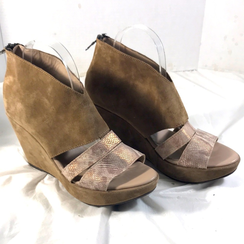 Cordani Woman’s Taupe Suede Open Toe Platform Wedge Snake Print Sandals Shoes